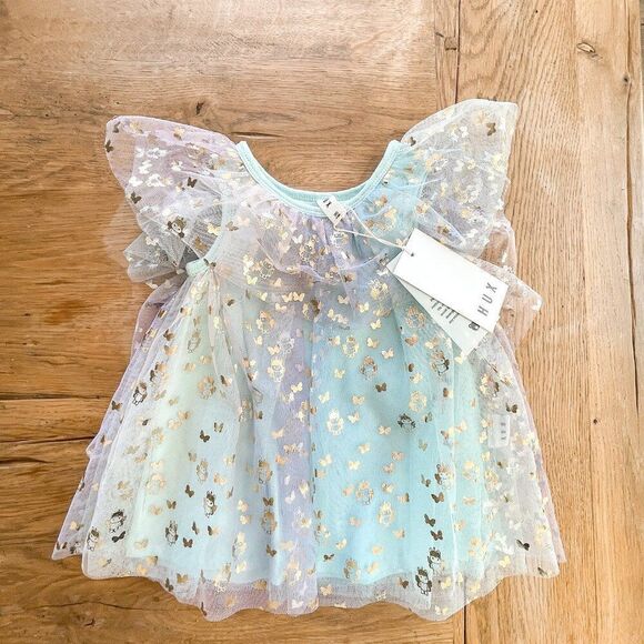 NWT! HUXBABY Unicorn Butterfly Wing Flutter Sleeve Dress Size 3-6M - Picture 4 of 5